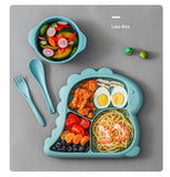 Load image into Gallery viewer, Kids Cartoon Dinosaur Divided Plate Set with Bowl Spoon Fork Microwave Safe BPA Free Lake Blue